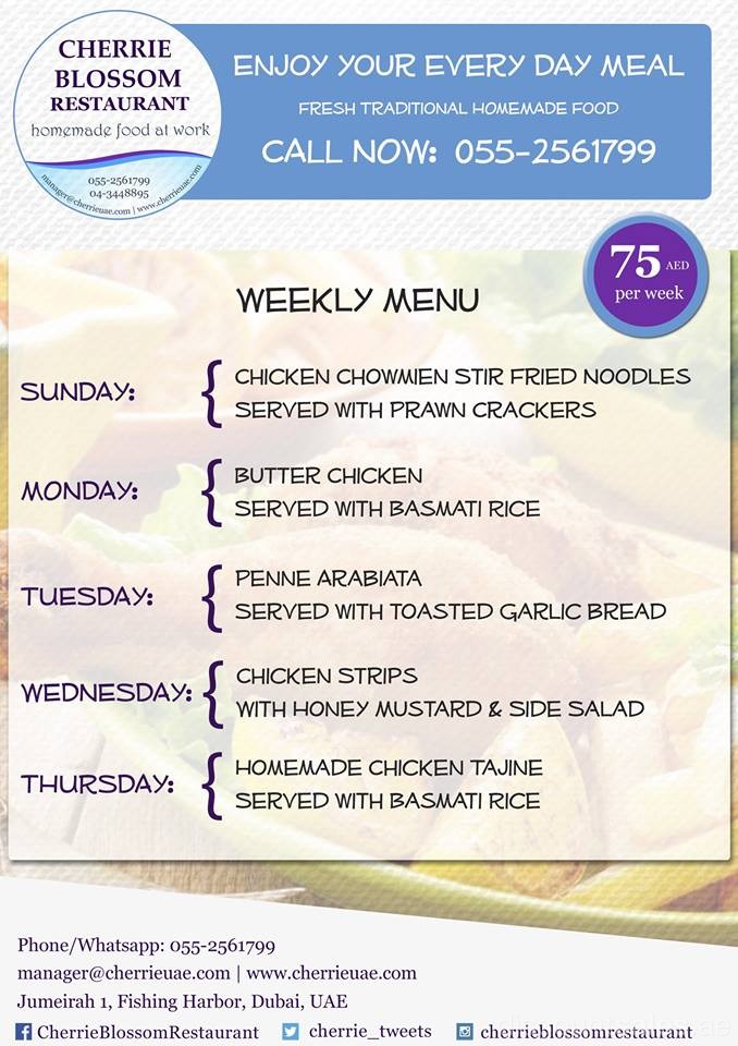 Fresh Traditional Homemade weekly menu at cherrie blossom restaurant