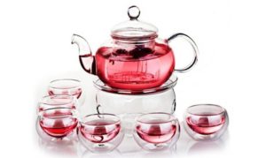 Teapot with six double wall glass tea cups