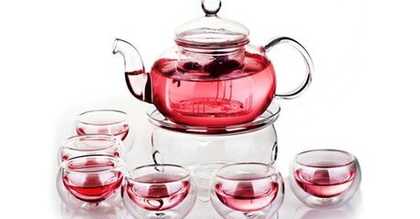 Teapot with six double wall glass tea cups