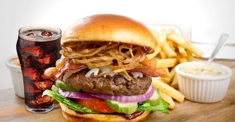 Burger with Chips and Drinks