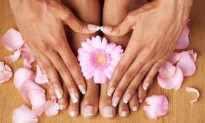 Nails on hands and feet can be pampered with a basic or Gelish manicure and pedicure at this salon located near the Electra Park for AED55.00 at Discount Sales.