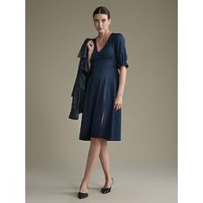 Solid Puff Sleeve Elastic Cuff Midi Dress