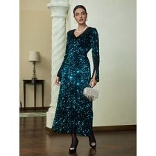 Sequin Dark Green Long Sleeve Split Knit Maxi Dress